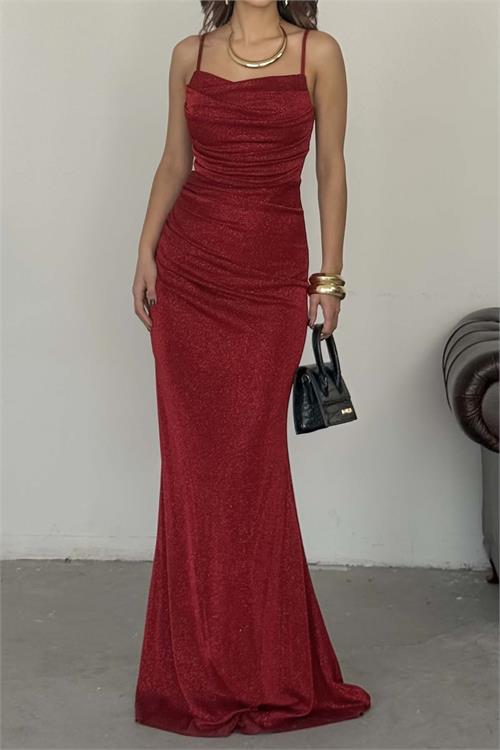 Kadın Kırmızı Askılı Simli Likralı Örme Uzun Abiye Elbise Astarlı HSZ049 