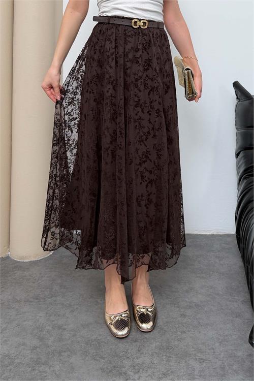 Kadın Kahverengi Kemer Aksesuarlı Tül Midi Etek Astarlı HSZ064 