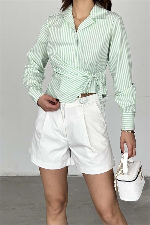 Kadın Yeşil Çizgili Bağlama Detaylı Crop Gömlek – HSZ034 