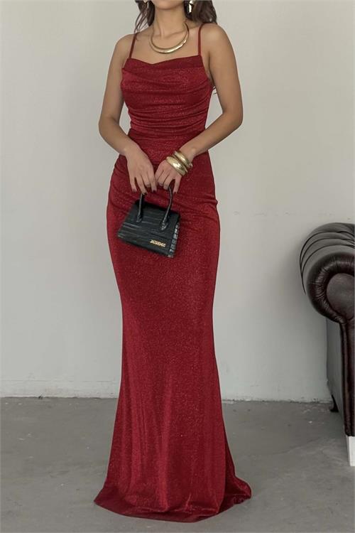 Kadın Kırmızı Askılı Simli Likralı Örme Uzun Abiye Elbise Astarlı HSZ049 