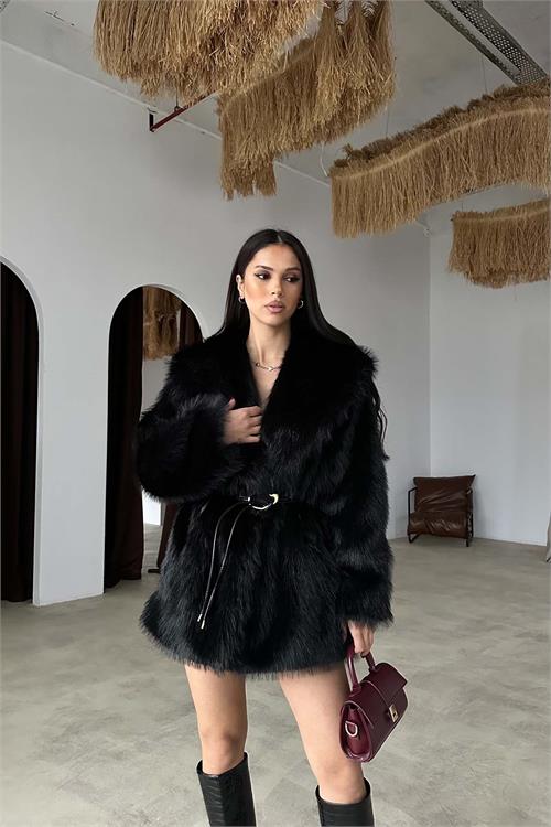 Kadin Oversize Siyah Cepli Astarlı Deri Biye Kemer Aksesuarlı Kürk Ceket HSZ023 