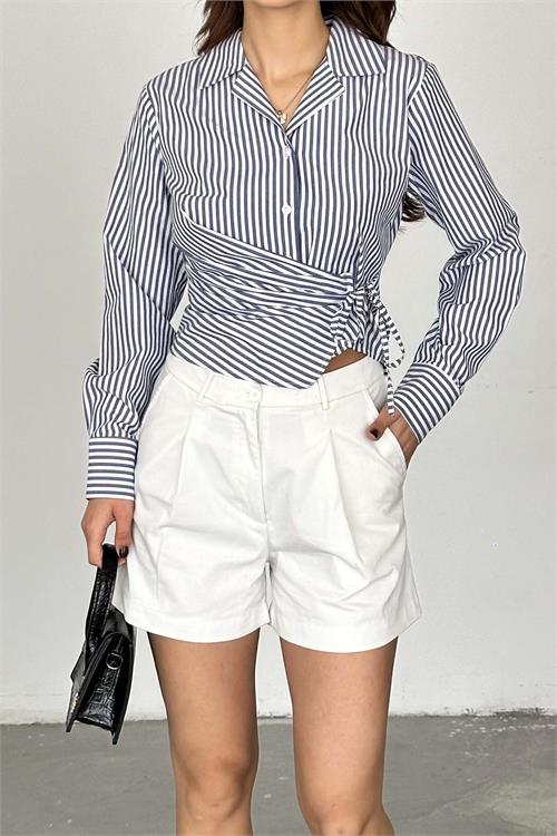 Kadın Lacivert Çizgili Bağlama Detaylı crop Gömlek – HSZ034 