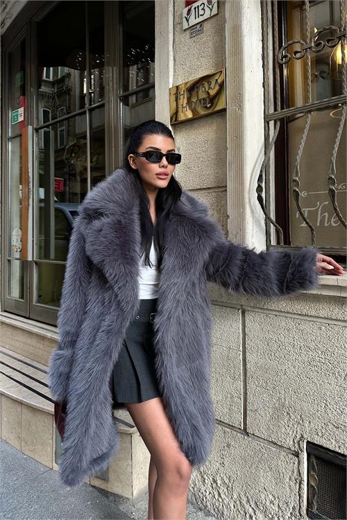 Kadın Antrasit Astarlı Düğmeli Oversize Kürk Kaban HSZ002 