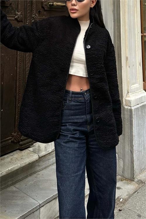 Kadın Siyah Peluş Oversize Düğmeli Ceket HSZ026 