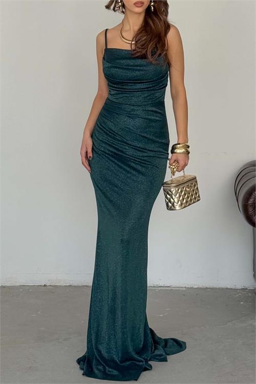 Kadın Zümrüt Yeşil Askılı Simli Likralı Örme Uzun Abiye Elbise Astarlı HSZ049 