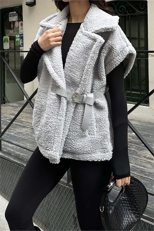 Kadın Gri Oversize Kemerli Peluş Yelek HSZ032 