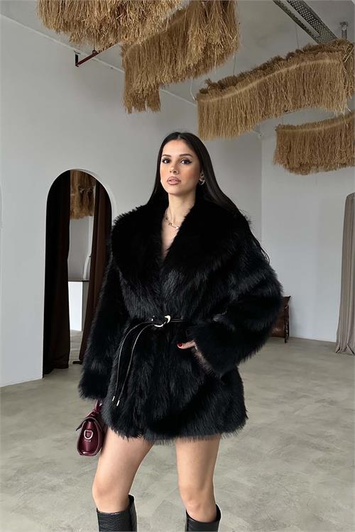 Kadin Oversize Siyah Cepli Astarlı Deri Biye Kemer Aksesuarlı Kürk Ceket HSZ023 