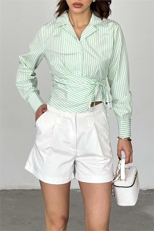 Kadın Yeşil Çizgili Bağlama Detaylı Crop Gömlek – HSZ034 