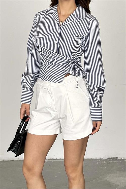 Kadın Lacivert Çizgili Bağlama Detaylı crop Gömlek – HSZ034 