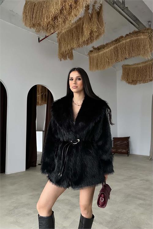Kadin Oversize Siyah Cepli Astarlı Deri Biye Kemer Aksesuarlı Kürk Ceket HSZ023 