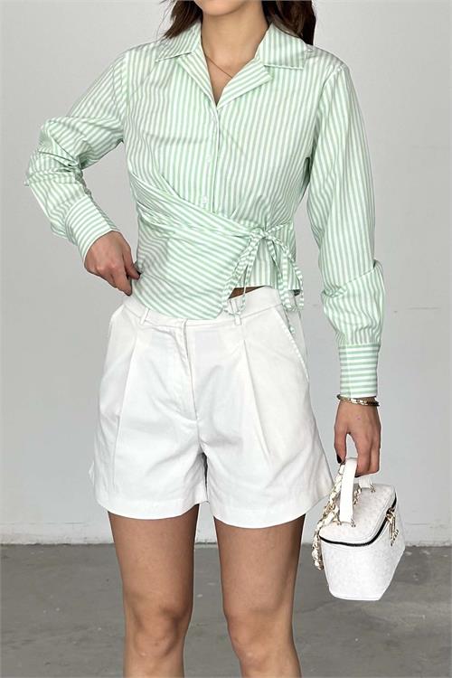 Kadın Yeşil Çizgili Bağlama Detaylı Crop Gömlek – HSZ034 