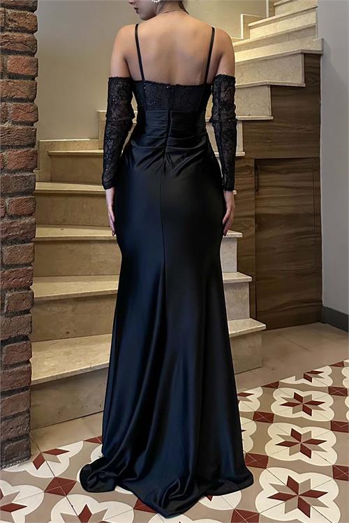 Kadın Siyah Saten Uzun Abiye Elbise Eldiven Detayli Astarlı HSZ043 