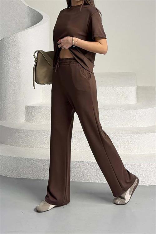 Kadın Kahverengi Modal Kumaş Alt Üst Takım – Rahat Kesim Günlük Şık Kombin HSZ013 