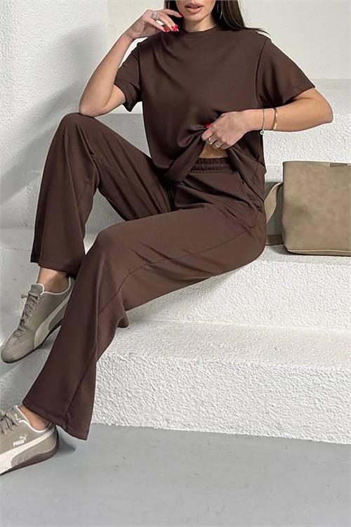 Kadın Kahverengi Modal Kumaş Alt Üst Takım – Rahat Kesim Günlük Şık Kombin HSZ013 