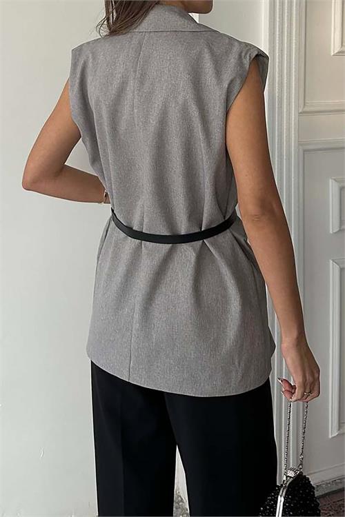 Kadın Gri Kemerli Kolsuz Blazer Yelek – Kruvaze Yaka, Cepli, Şık Tasarım HSZ019 