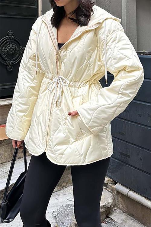 Kadın Ekru Kapitone Kapüşonlu Beli Bağcıklı şişme Mont HSZ024 