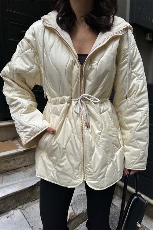 Kadın Ekru Kapitone Kapüşonlu Beli Bağcıklı şişme Mont HSZ024 