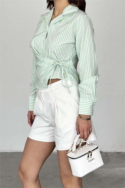 Kadın Yeşil Çizgili Bağlama Detaylı Crop Gömlek – HSZ034 