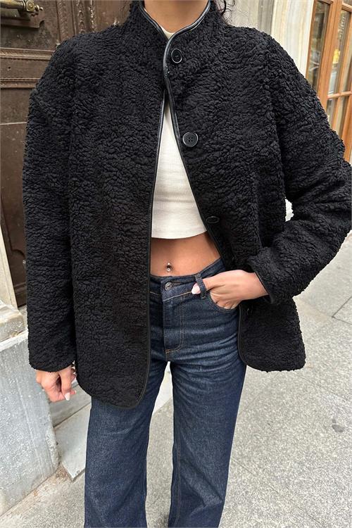 Kadın Siyah Peluş Oversize Düğmeli Ceket HSZ026 