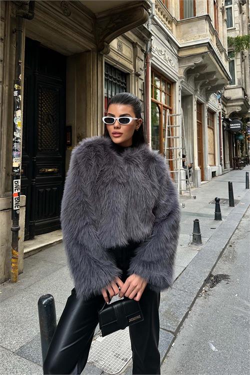 Kadın Antrasit Krop Astarlı Kürk Mont HSZ008 