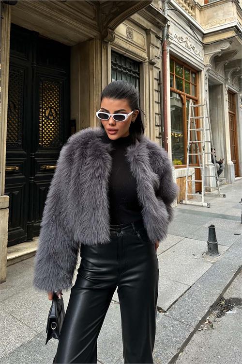 Kadın Antrasit Krop Astarlı Kürk Mont HSZ008 