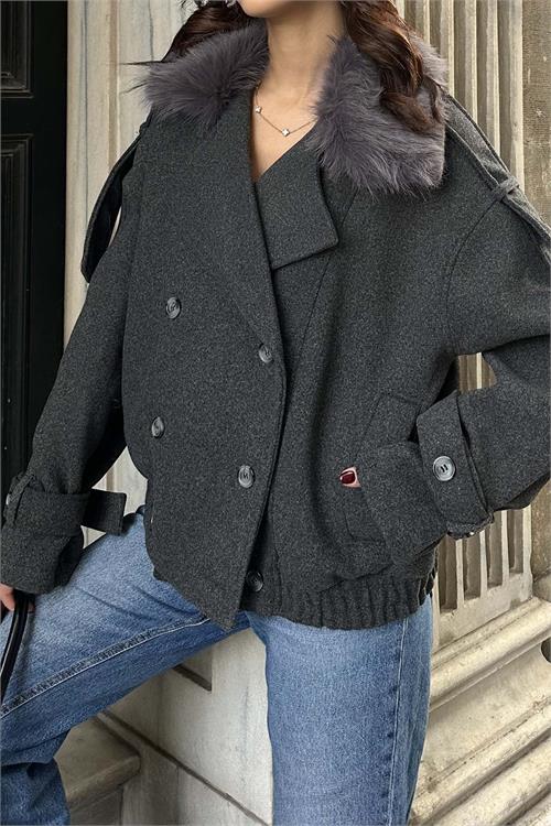 Kadın Antrasit Kürk Yaka Detaylı Oversize Mont Cepli HSZ021 