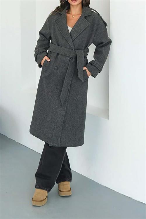 Kadın Antrasit Kuşaklı Kruvaze Yaka Uzun Kaşe Kaban HSZ001 