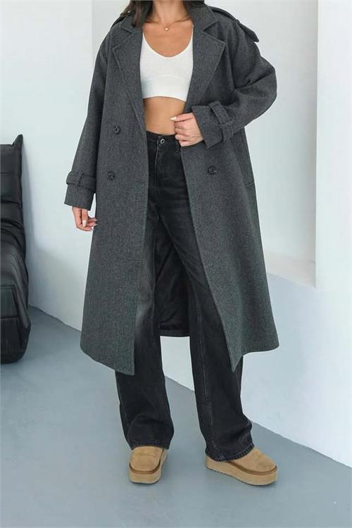 Kadın Antrasit Kuşaklı Kruvaze Yaka Uzun Kaşe Kaban HSZ001 