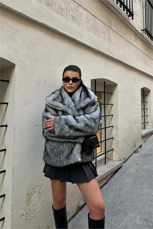 Kadın Astarlı Çıtçıtlı Cepli Kürk Açık Gri Kaban HSZ006 