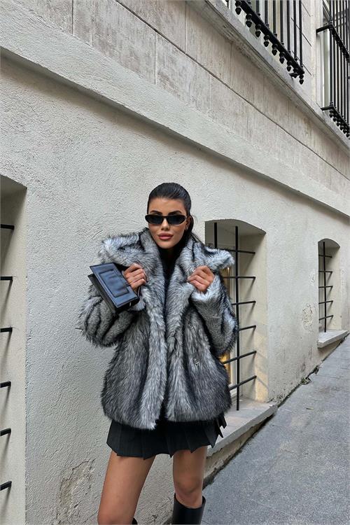 Kadın Astarlı Çıtçıtlı Cepli Kürk Açık Gri Kaban HSZ006 