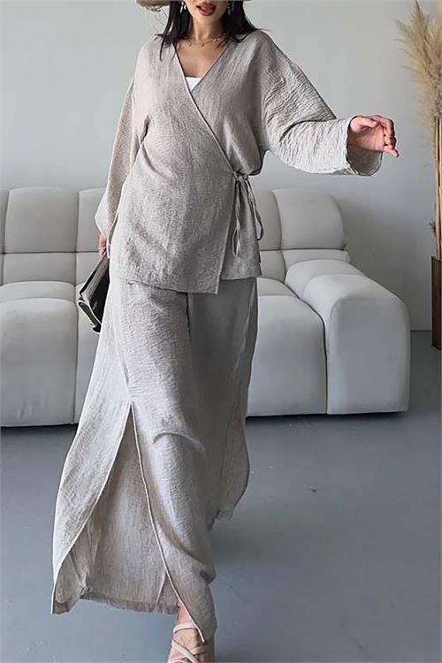 Kadın Bej Keten Kumaş Pantolonlu İkili Takım HSZ053 