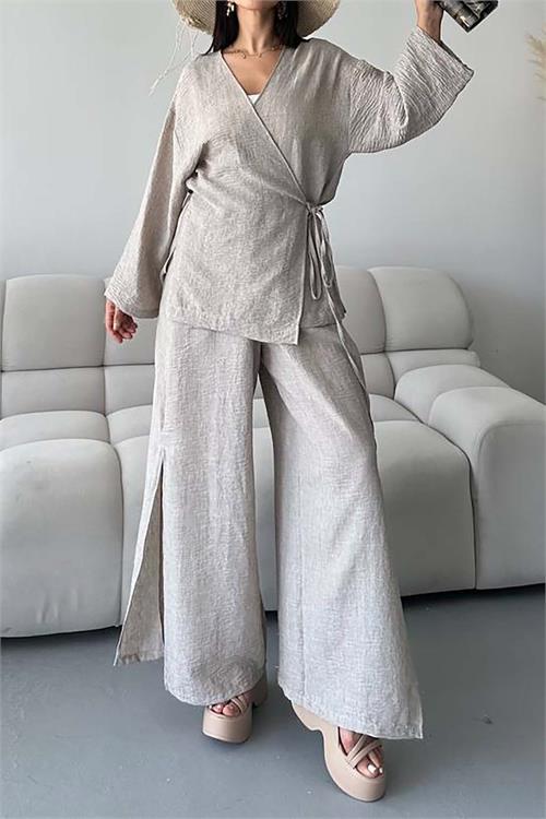 Kadın Bej Keten Kumaş Pantolonlu İkili Takım HSZ053 