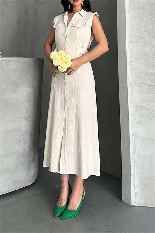 Kadın Bej Keten Kumaş Apoletli Düğmeli Midi Elbise HSZ051 