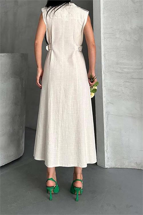 Kadın Bej Keten Kumaş Apoletli Düğmeli Midi Elbise HSZ051 