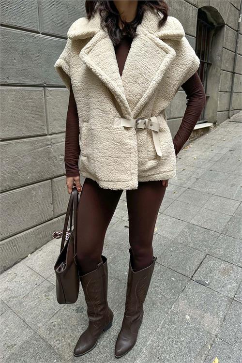 Kadın Bej Oversize Kemerli Peluş Yelek HSZ032 