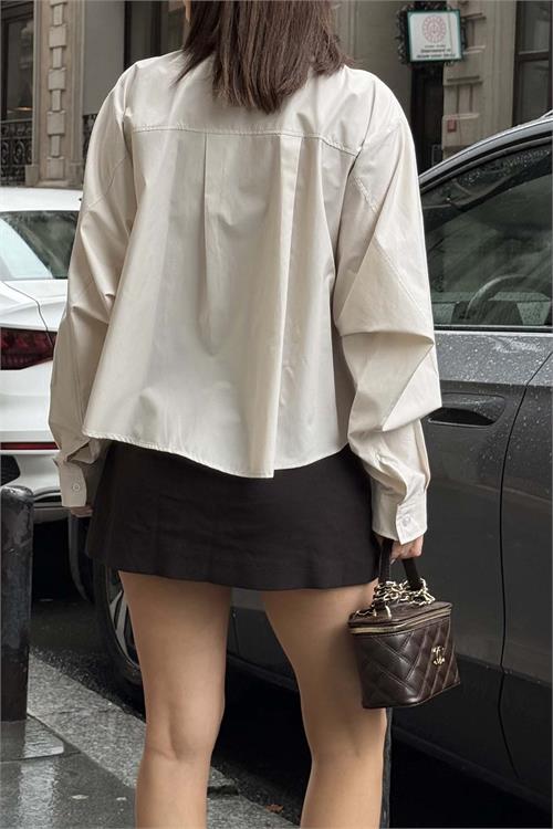 Kadın Bej Oversize Gömlek Düğmeli Uzun Kollu Şık Kesim HSZ059 