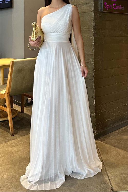 Kadın Beyaz Tek Omuz Simli Piliseli Tül Uzun Abiye Elbise Astarlı HSZ046 