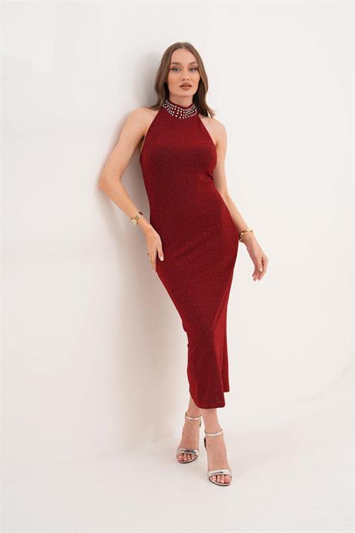 Kadın Bordo Taş Detaylı Yüksek Yaka Midi Boy Elbise HSZ068 