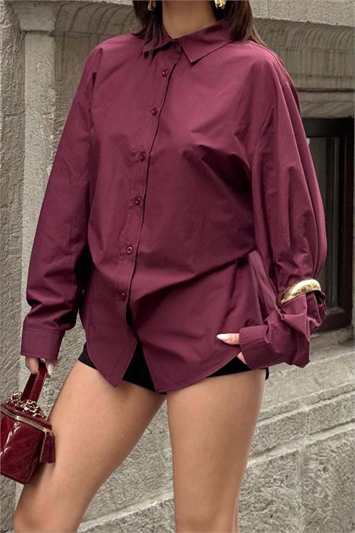 Kadın Bordo Oversize Gömlek Düğmeli Uzun Kollu Şık Kesim HSZ059 
