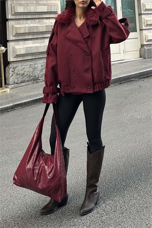 Kadın Bordo Kürk Yaka Detaylı Oversize Mont Cepli HSZ021 