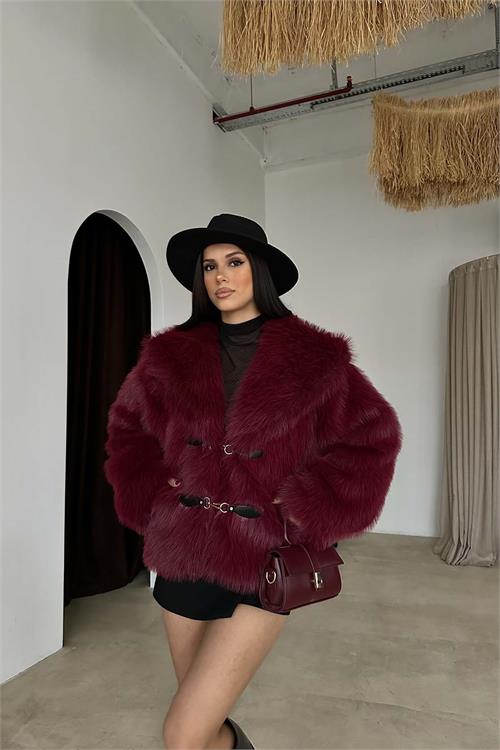 Bordo Astarlı Cepli Deri Bağlama Aksesuarlı Kürk Ceket HSZ022 