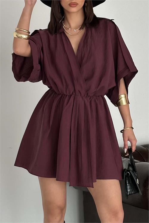 Kadın Bordo Modal Kumaş V Yaka Belden Büzgülü Apolet Detaylı Mini Elbise HSZ054 
