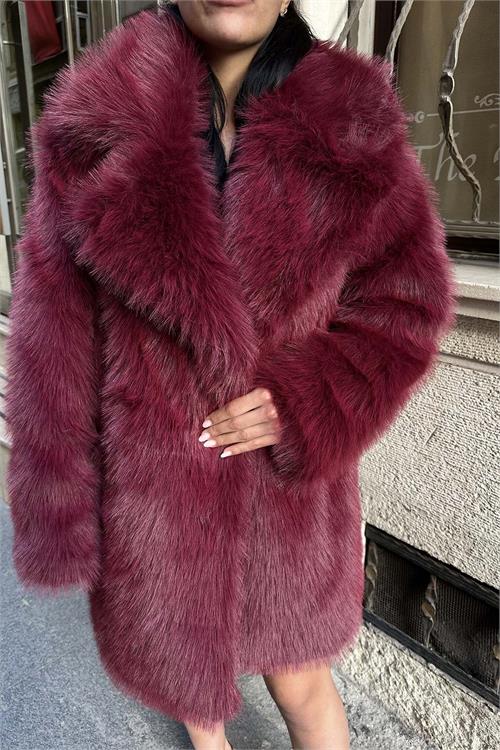 Kadın Bordo Astarlı Düğmeli Oversize Kürk Kaban HSZ002 