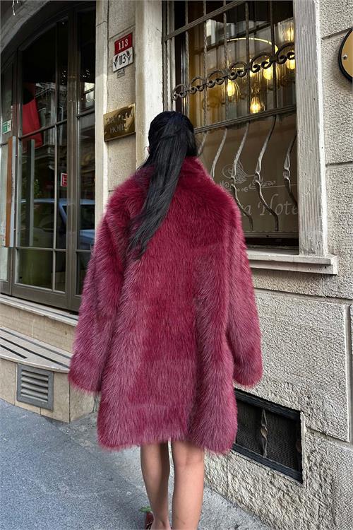 Kadın Bordo Astarlı Düğmeli Oversize Kürk Kaban HSZ002 