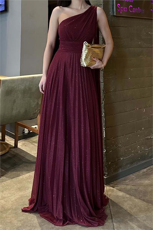 Kadın Bordo Yeşil Tek Omuz Simli Piliseli Tül Uzun Abiye Elbise Astarlı HSZ046 