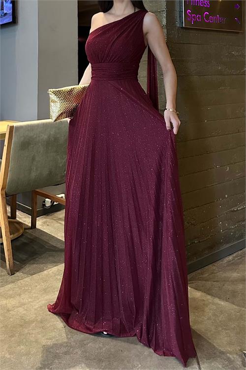 Kadın Bordo Yeşil Tek Omuz Simli Piliseli Tül Uzun Abiye Elbise Astarlı HSZ046 