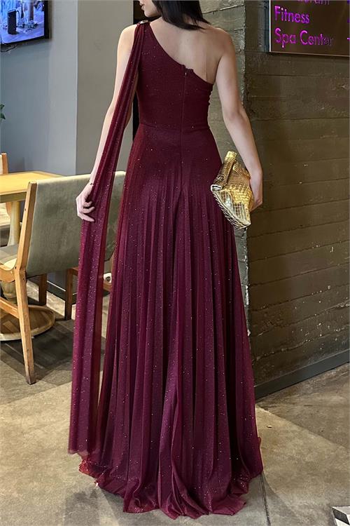 Kadın Bordo Yeşil Tek Omuz Simli Piliseli Tül Uzun Abiye Elbise Astarlı HSZ046 