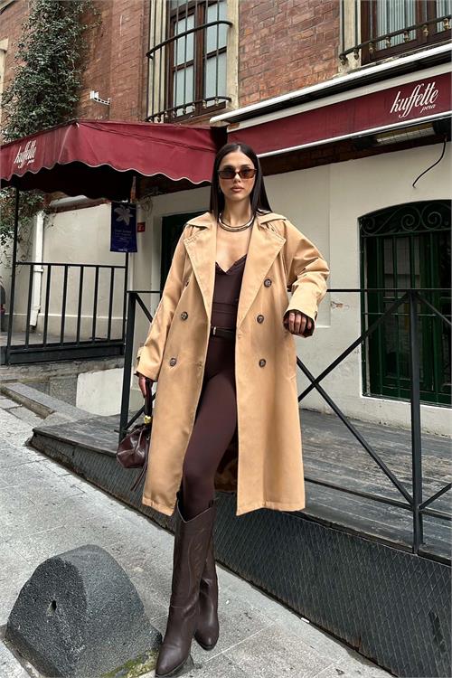 Kadın Camel Kuşaklı Düğmeli Bondit Kumaş Su Gecirmez Trençkot HSZ028 