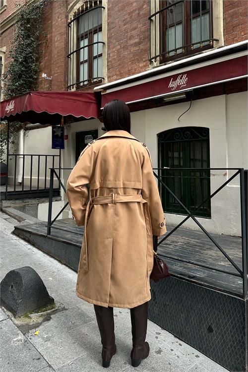 Kadın Camel Kuşaklı Düğmeli Bondit Kumaş Su Gecirmez Trençkot HSZ028 