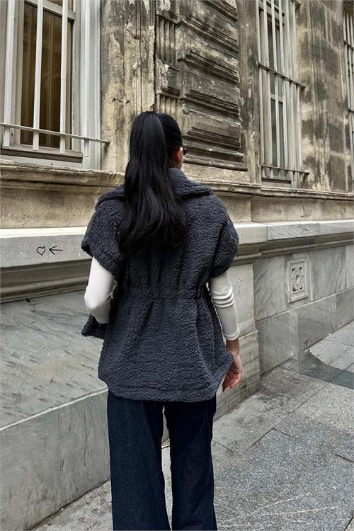 Kadın antrasit Oversize Kemerli Peluş Yelek HSZ032 